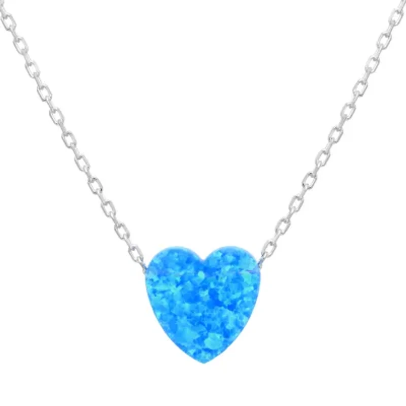 Womens Lab Created Blue Opal Sterling Silver Heart 18 Inch Pendant Necklace