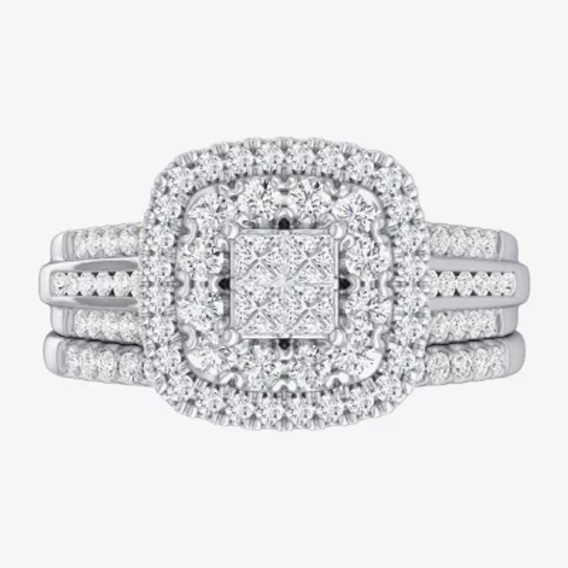 (G-H / Si1-Si2) Womens 1 CT. T.W. Lab Grown White Diamond 10K Gold Cushion Side Stone Bridal Set