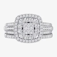 (G-H / Si1-Si2) Womens 1 CT. T.W. Lab Grown White Diamond 10K Gold Cushion Side Stone Bridal Set
