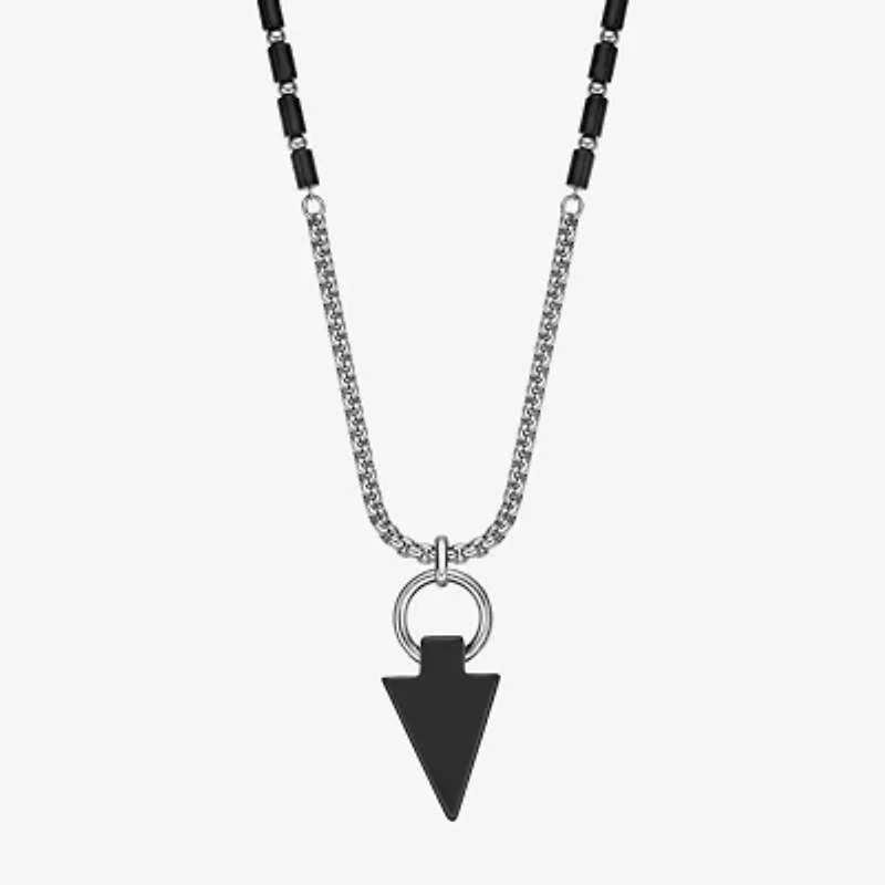 Mens Black Agate Stainless Steel 24 Inch Pendant Necklace