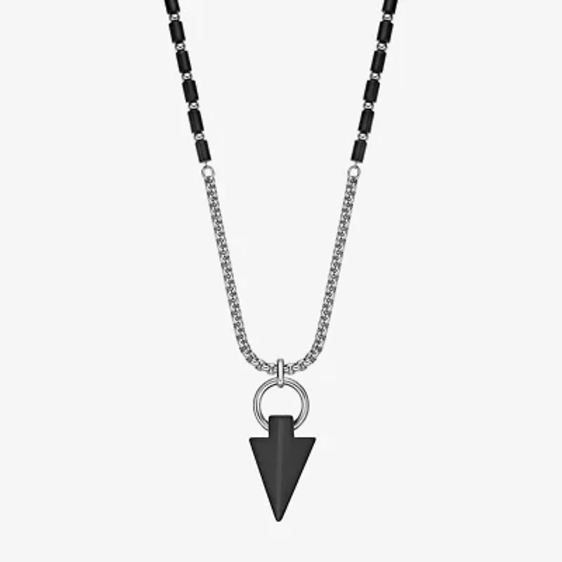 Mens Black Agate Stainless Steel 24 Inch Pendant Necklace