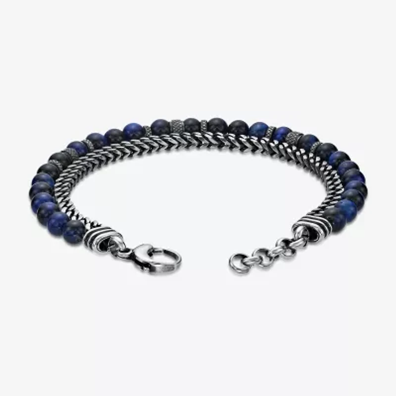 Mens Blue Tiger's Eye Stainless Steel Beaded Bracelet