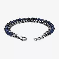Mens Blue Tiger's Eye Stainless Steel Beaded Bracelet