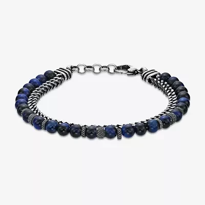 Mens Blue Tiger's Eye Stainless Steel Beaded Bracelet