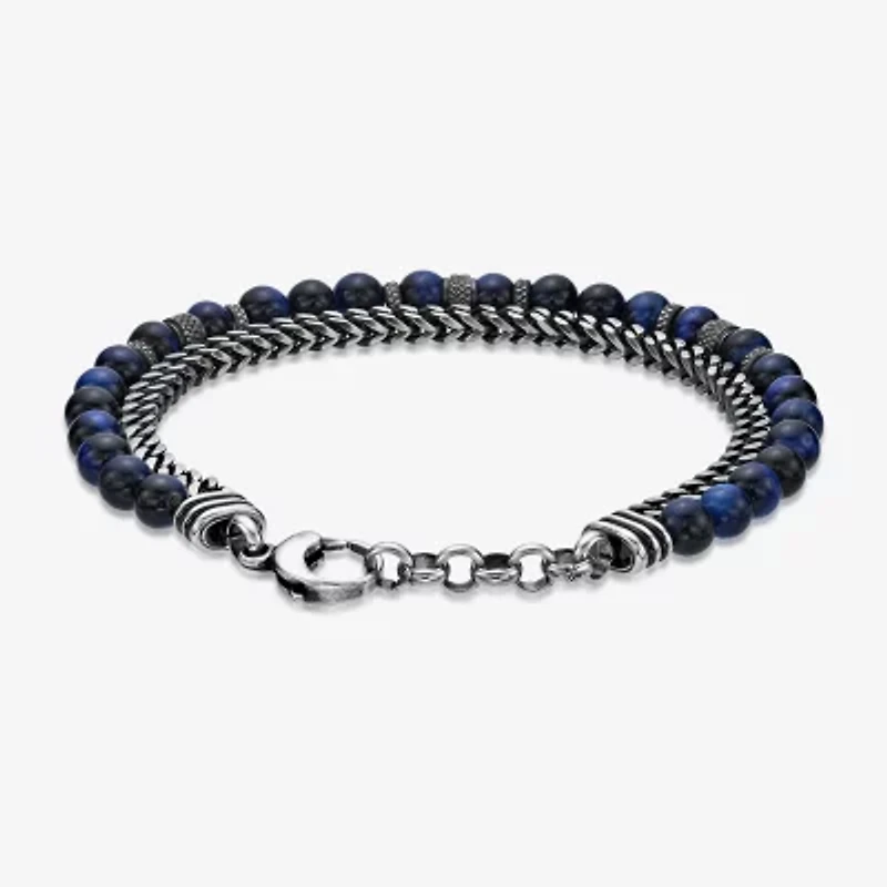 Mens Blue Tiger's Eye Stainless Steel Beaded Bracelet