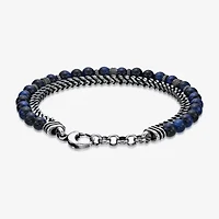 Mens Blue Tiger's Eye Stainless Steel Beaded Bracelet