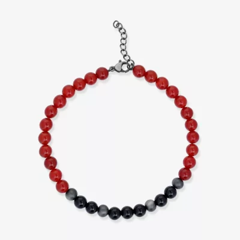 Mens Black Agate Stainless Steel Beaded Bracelet