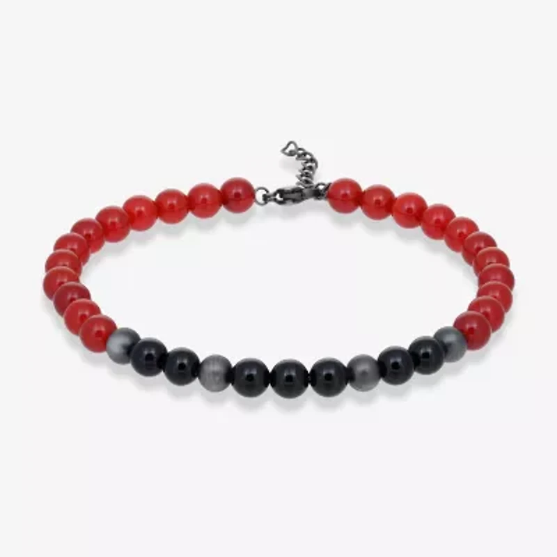 Mens Black Agate Stainless Steel Beaded Bracelet