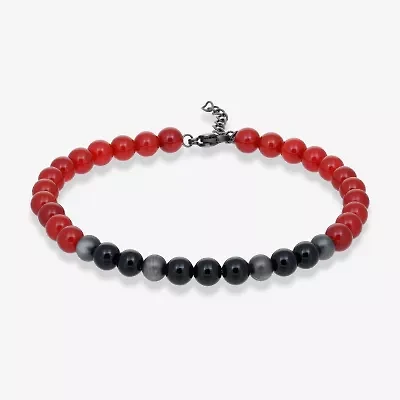 Mens Black Agate Stainless Steel Beaded Bracelet