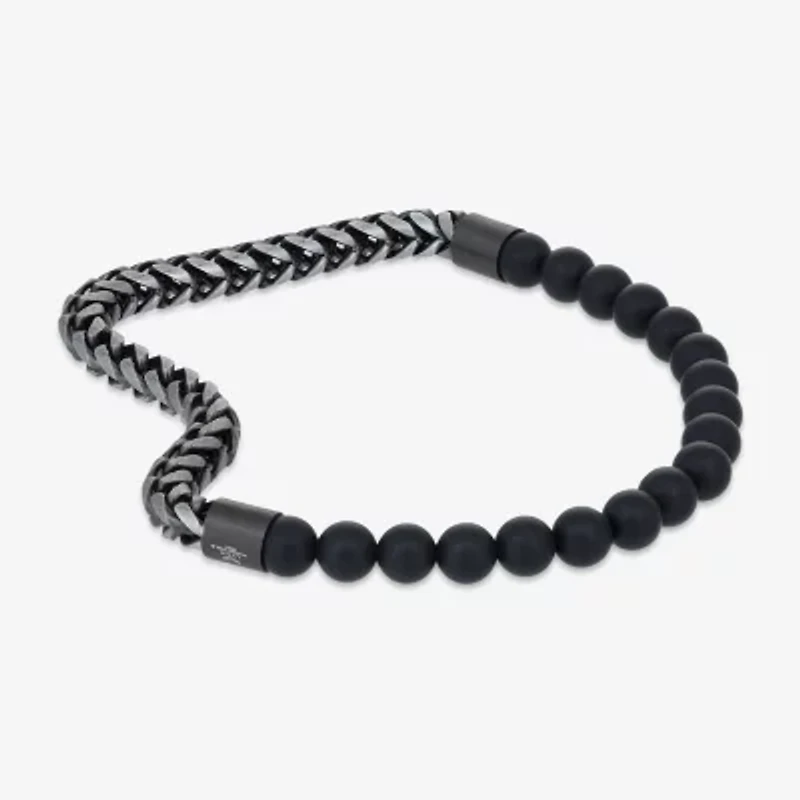 Mens Black Agate Stainless Steel Beaded Bracelet