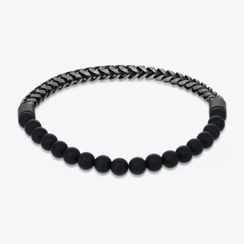 Mens Black Agate Stainless Steel Beaded Bracelet
