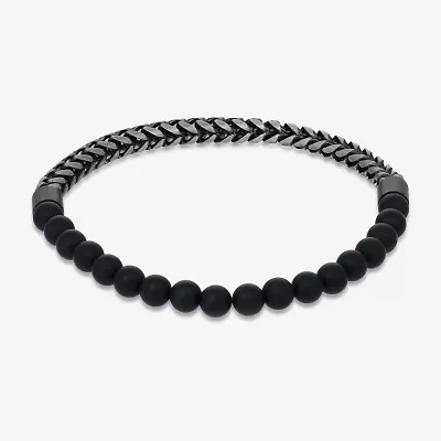 Mens Black Agate Stainless Steel Beaded Bracelet