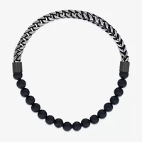 Mens Black Agate Stainless Steel Beaded Bracelet