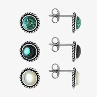 Womens Enhanced White Turquoise Sterling Silver Round 3 Pair Earring Set