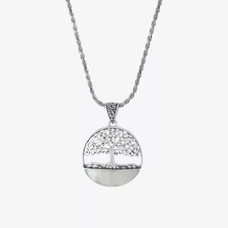 Tree Of Life Womens White Mother Of Pearl Sterling Silver Round 16 Inch Pendant Necklace