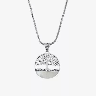 Tree Of Life Womens White Mother Of Pearl Sterling Silver Round 16 Inch Pendant Necklace