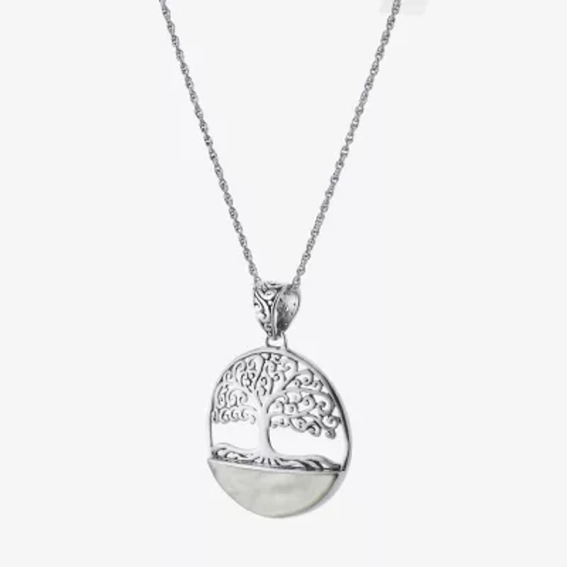 Tree Of Life Womens White Mother Of Pearl Sterling Silver Round 16 Inch Pendant Necklace