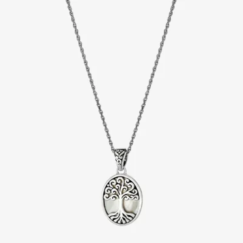 Tree Of Life Womens White Mother Of Pearl Sterling Silver 16 Inch Pendant Necklace