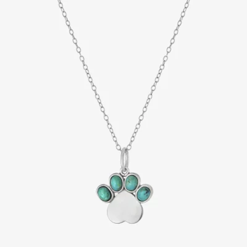 Paw Print Womens Enhanced Blue Turquoise Sterling Silver 18 Inch Pendant Necklace