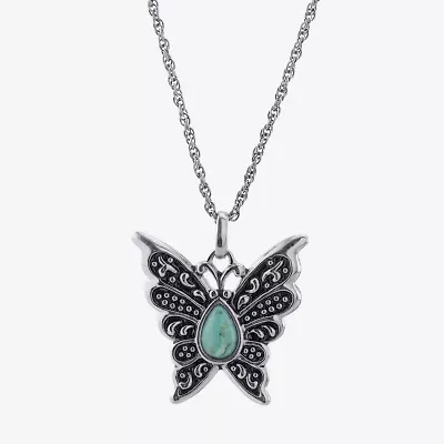 Butterfly Womens Enhanced Blue Turquoise Sterling Silver Butterfly 18 Inch Pendant Necklace