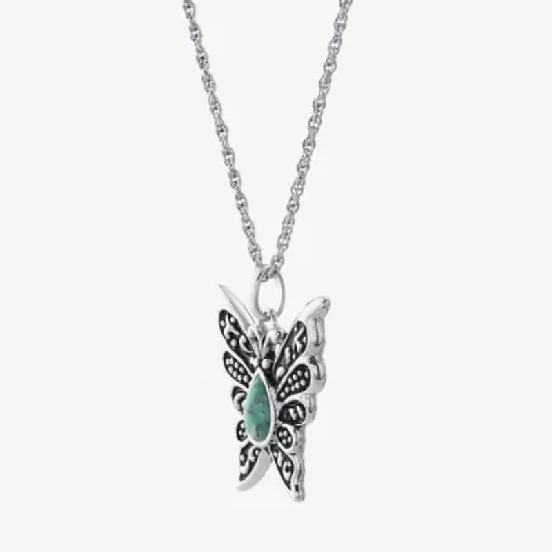 Butterfly Womens Enhanced Blue Turquoise Sterling Silver Butterfly 18 Inch Pendant Necklace