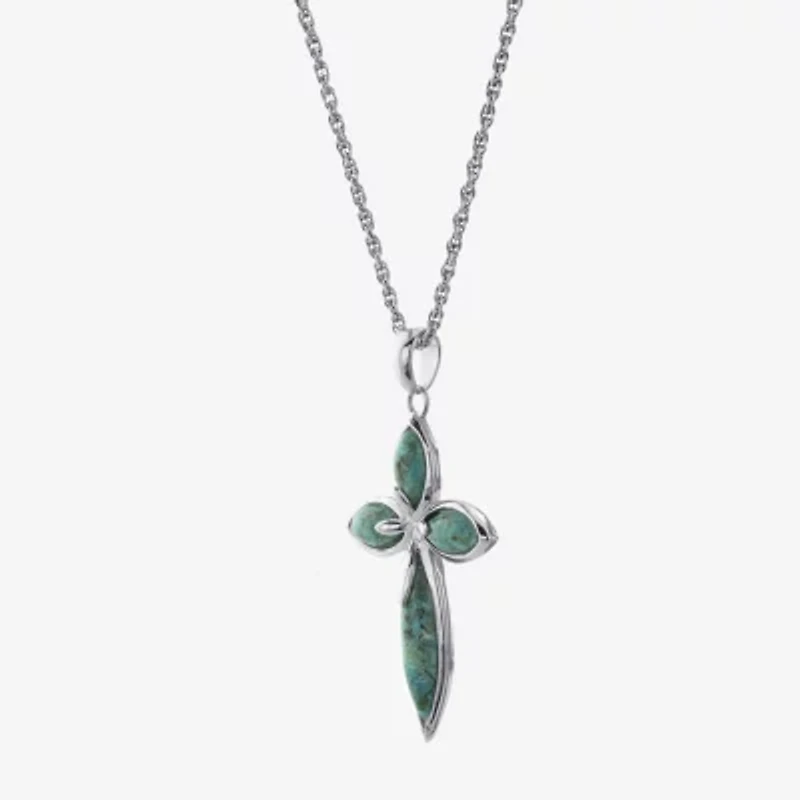 Womens Enhanced Blue Turquoise Sterling Silver Cross 18 Inch Pendant Necklace