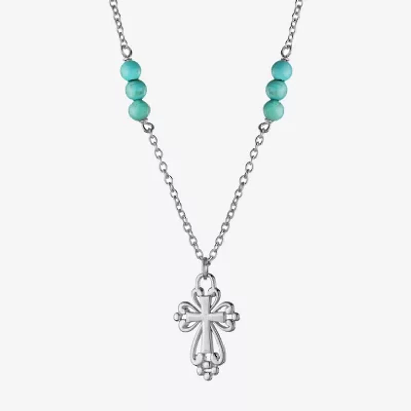 Womens Enhanced Blue Turquoise Sterling Silver Cross Round 16 Inch Pendant Necklace