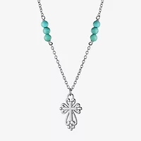 Womens Enhanced Blue Turquoise Sterling Silver Cross Round 16 Inch Pendant Necklace