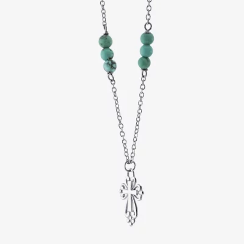 Womens Enhanced Blue Turquoise Sterling Silver Cross Round 16 Inch Pendant Necklace