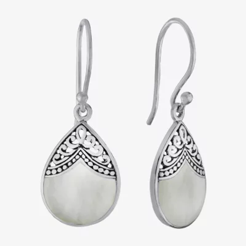 Bali Inspired Womens Genuine White Mother Of Pearl Sterling Silver Drop Earrings