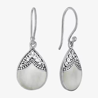Bali Inspired Womens Genuine White Mother Of Pearl Sterling Silver Drop Earrings