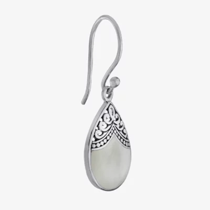 Bali Inspired Womens Genuine White Mother Of Pearl Sterling Silver Drop Earrings