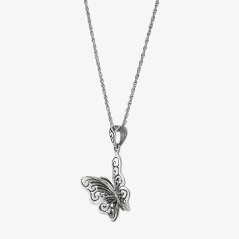 Bali Inspired Womens Sterling Silver Butterfly 16 Inch Pendant Necklace