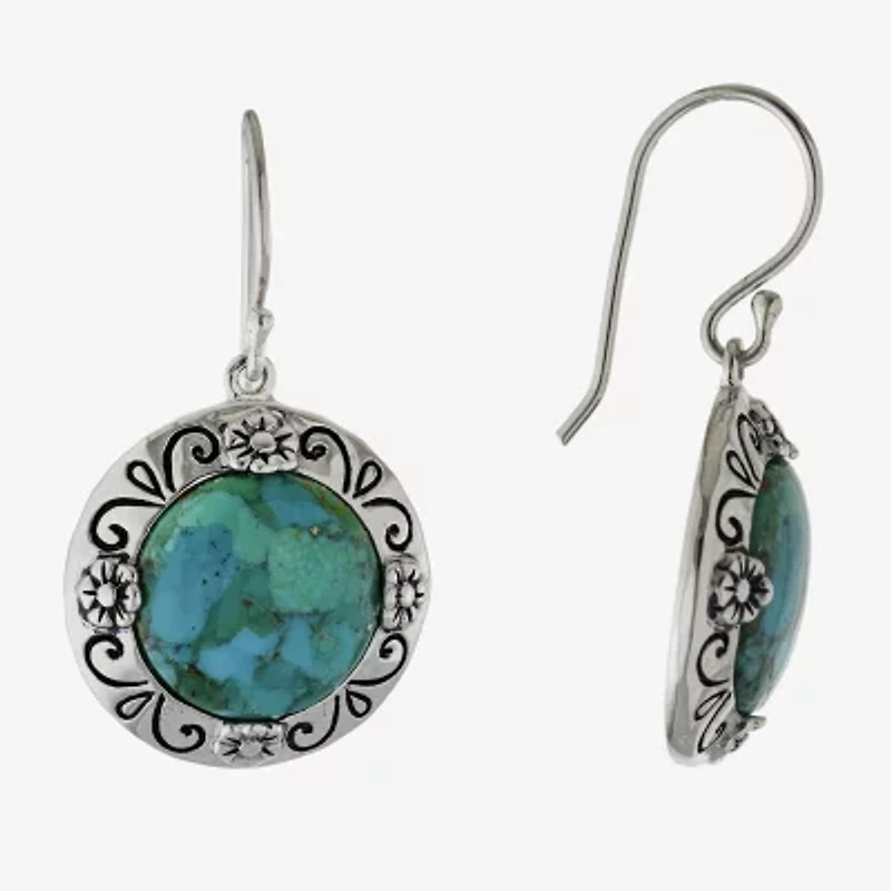 Womens Enhanced Blue Turquoise Sterling Silver Round Drop Earrings