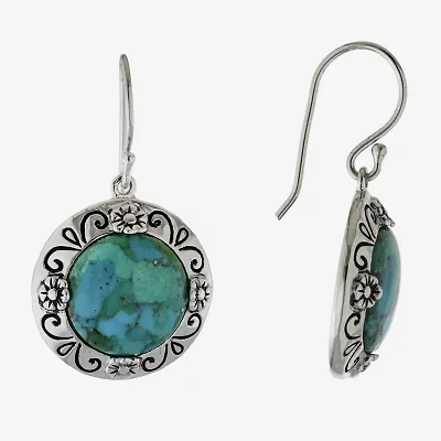 Womens Enhanced Blue Turquoise Sterling Silver Round Drop Earrings