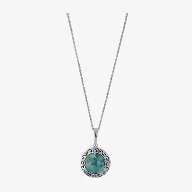 Womens Enhanced Blue Turquoise Sterling Silver Round 18 Inch Pendant Necklace