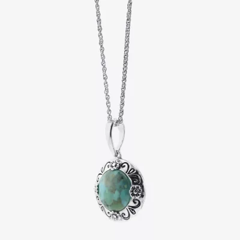 Womens Enhanced Blue Turquoise Sterling Silver Round 18 Inch Pendant Necklace