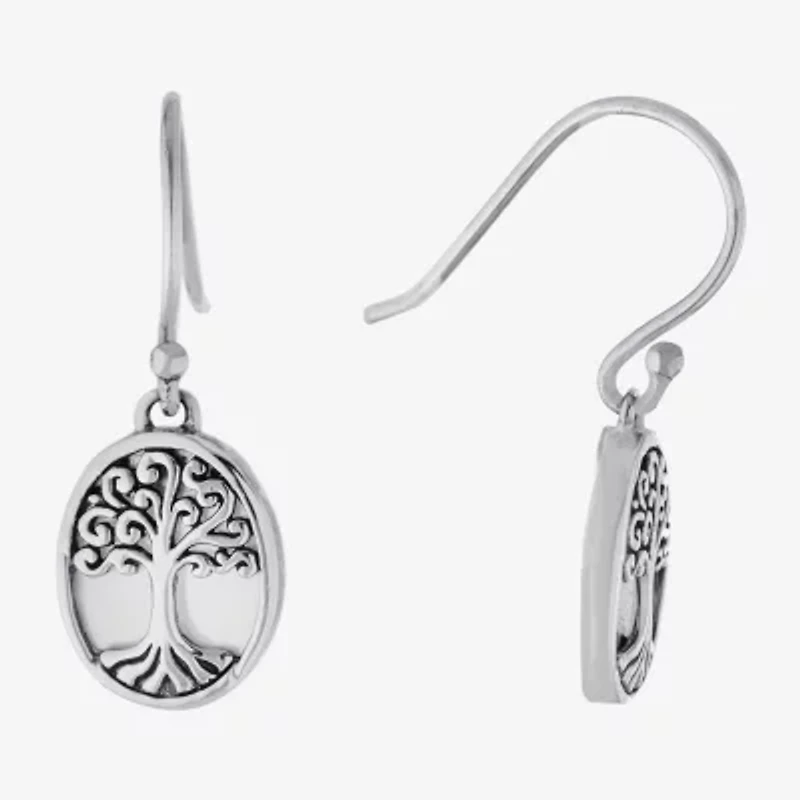 Bali Inspired Womens White Mother Of Pearl Sterling Silver Oval Drop Earrings