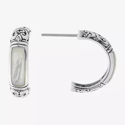 Bali Inspired Womens White Mother Of Pearl Sterling Silver 20.3mm Hoop Earrings