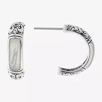 Bali Inspired Womens White Mother Of Pearl Sterling Silver 20.3mm Hoop Earrings