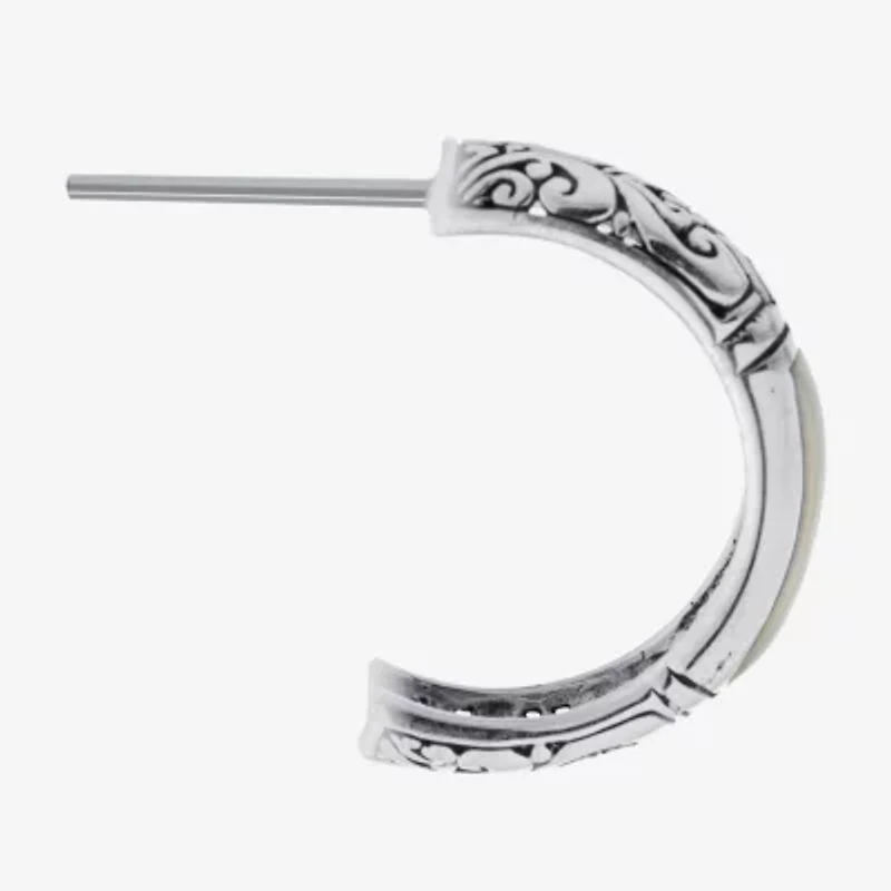 Bali Inspired Womens White Mother Of Pearl Sterling Silver 20.3mm Hoop Earrings