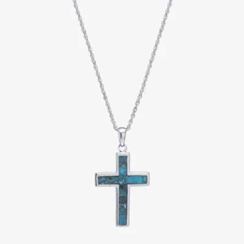 Womens Enhanced Blue Turquoise Sterling Silver Cross 18 Inch Pendant Necklace