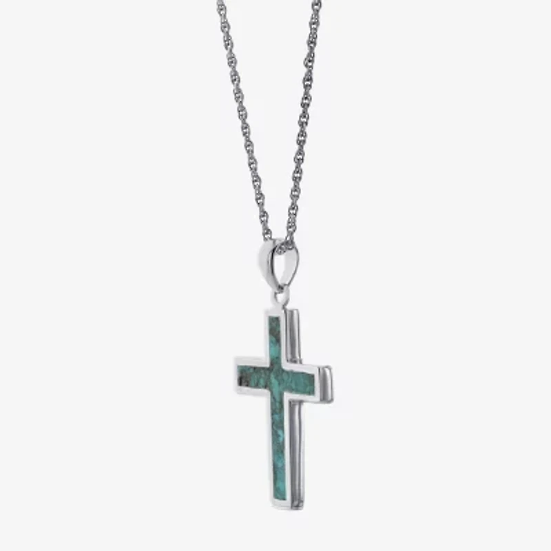 Womens Enhanced Blue Turquoise Sterling Silver Cross 18 Inch Pendant Necklace