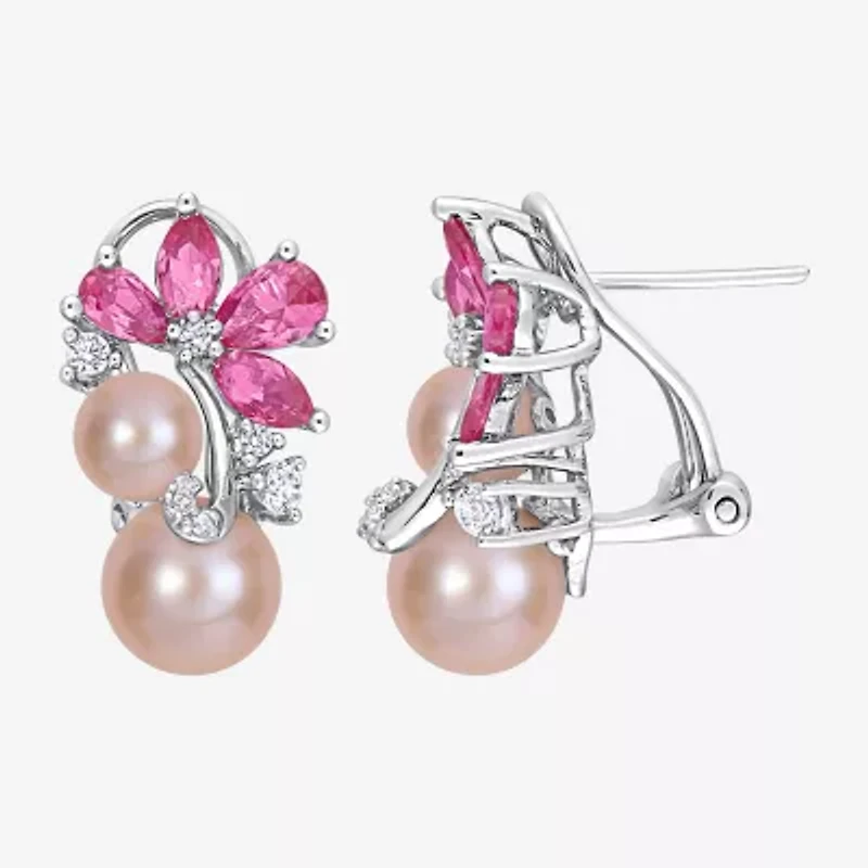 Womens Pink Cultured Freshwater Pearl Sterling Silver Flower Drop Earrings