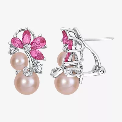 Womens Pink Cultured Freshwater Pearl Sterling Silver Flower Drop Earrings