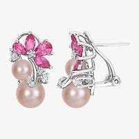 Womens Pink Cultured Freshwater Pearl Sterling Silver Flower Drop Earrings