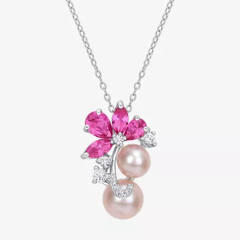 Womens Pink Cultured Freshwater Pearl Sterling Silver Flower 18 Inch Pendant Necklace