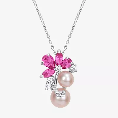 Womens Pink Cultured Freshwater Pearl Sterling Silver Flower 18 Inch Pendant Necklace