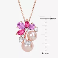 Womens Pink Cultured Freshwater Pearl 18K Rose Gold Over Silver Flower 18 Inch Pendant Necklace