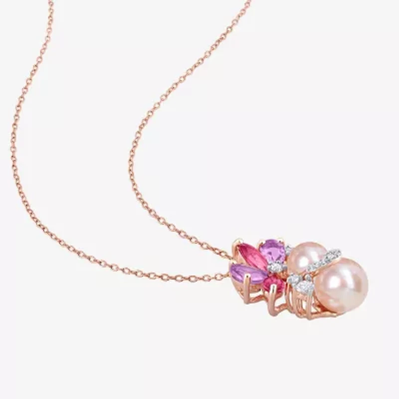Womens Pink Cultured Freshwater Pearl 18K Rose Gold Over Silver Flower 18 Inch Pendant Necklace
